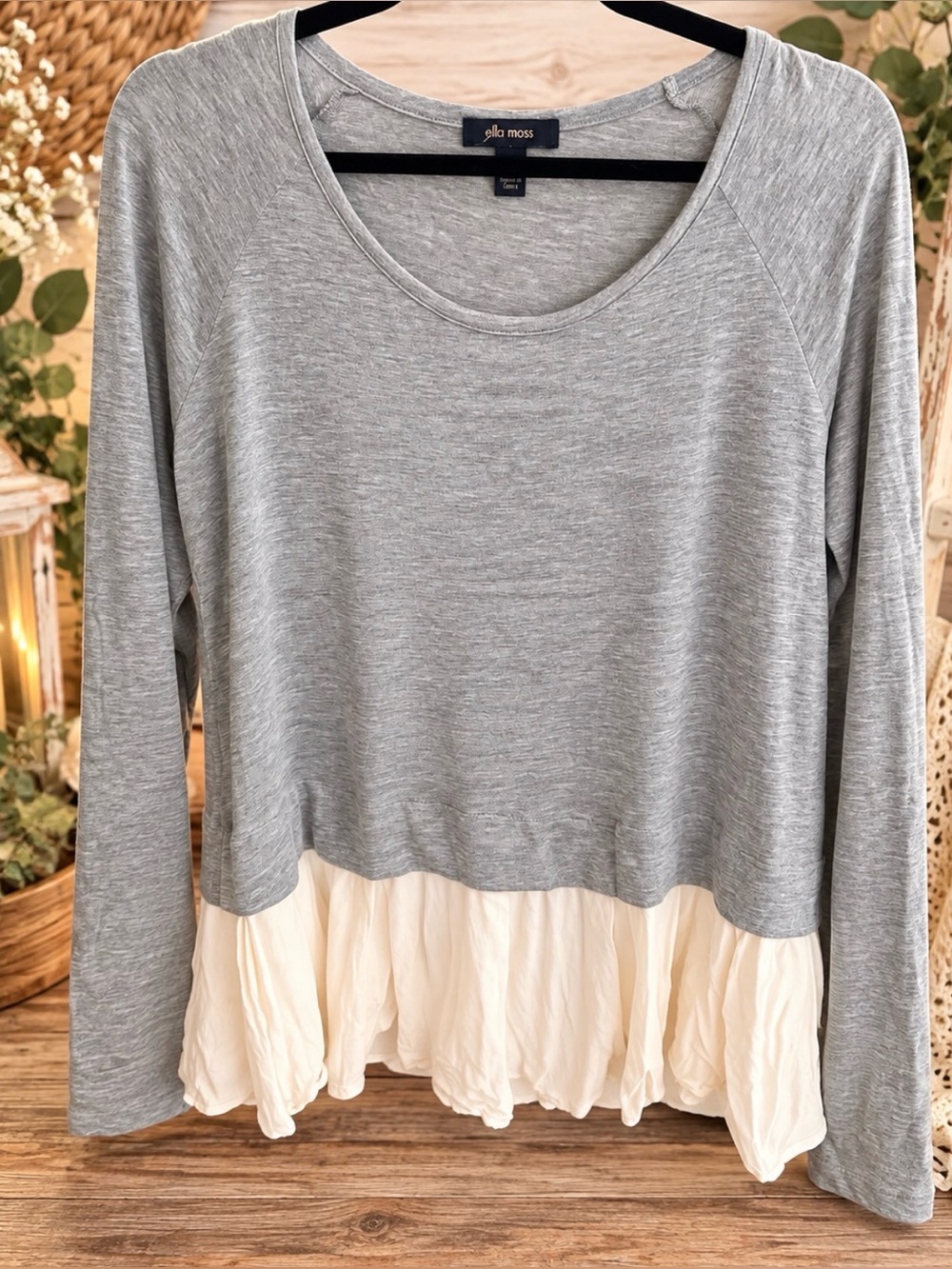 Ella Moss Light Gray Sweatshirt with Cream Ruffle Hem 96% modal 4 spandex